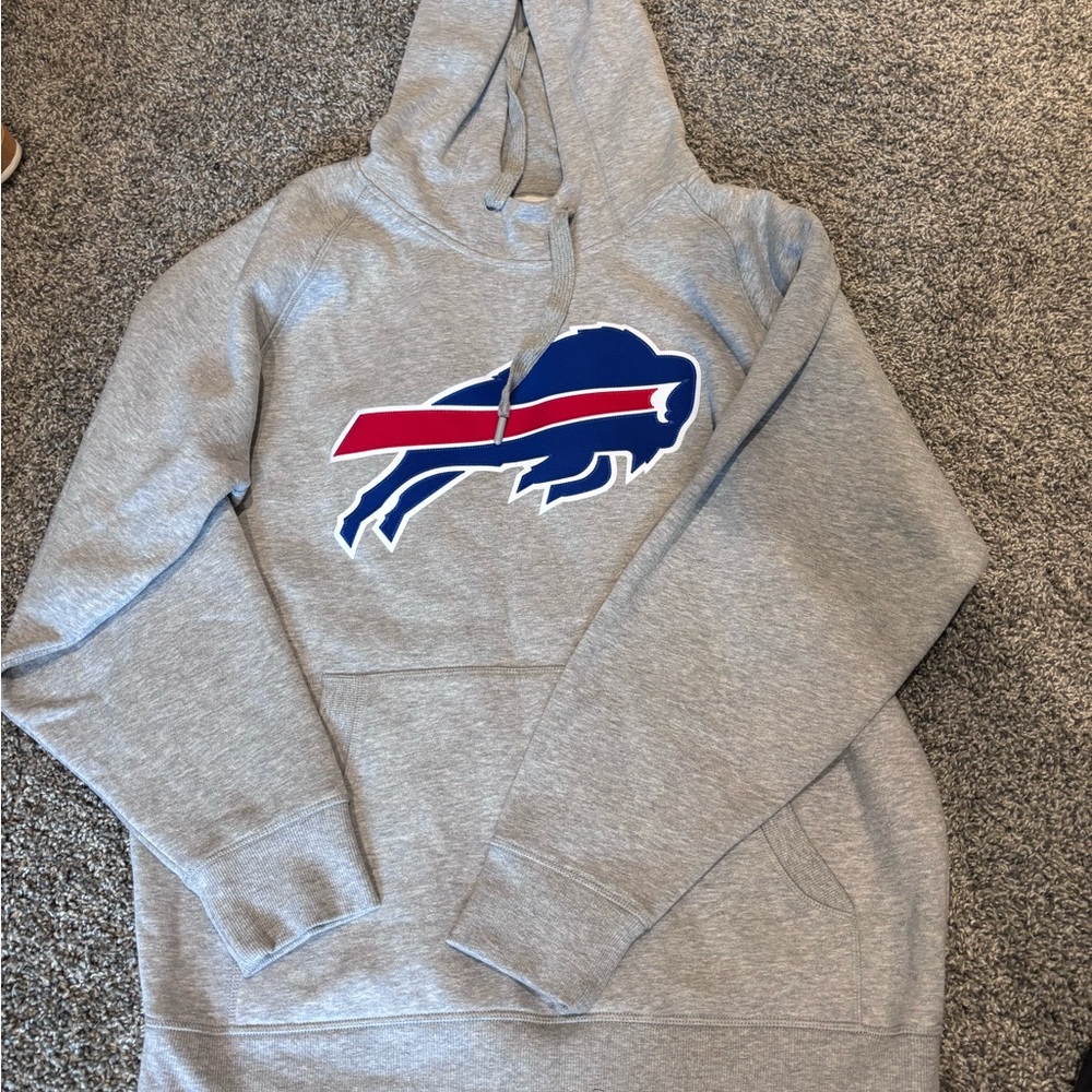 Antigua Gray Hoodie with Blue and Red Buffalo Logo